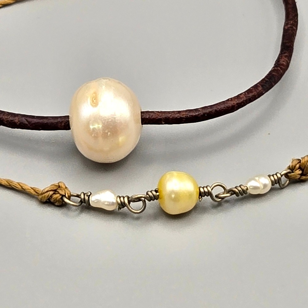 Handmade Leather and Cord Freshwater Pearl Bracelet Set Boho Brown‎ Tan 2pc